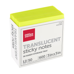 Office Depot® Brand Translucent Sticky Notes, With Storage Tray, 3" x 3", Yellow, 50 Notes Per Pad, Pack Of 12 Pads