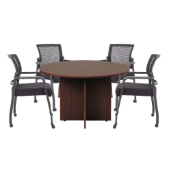 Boss Office Products 47" Round Table And Mesh Guest Chairs With Casters Set, Mahogany/Black