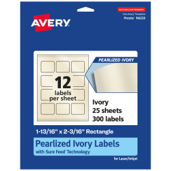 Avery® Pearlized Permanent Labels With Sure Feed®, 94233-PIP25, Rectangle, 1-13/16" x 2-3/16", Ivory, Pack Of 300 Labels