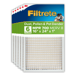 Filtrete™ 16 x 24 x 1 Air Filter, MPR 700, Merv 8, Dust, Pollen & Pet Dander, 3 Month Pleated 1 Inch Electrostatic Air Filter, 6 HVAC Filters