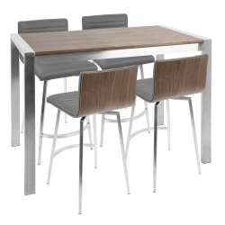 Lumisource Mason Contemporary Counter Table With 4 Counter Stools, Stainless Steel/Walnut/Gray