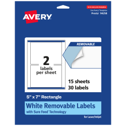 Avery® Removable Labels With Sure Feed®, 94258-RMP15, Rectangle, 5" x 7", White, Pack Of 30 Labels