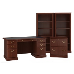 Bush Business Furniture Saratoga 66"W Executive Computer Desk With Lateral File Cabinet And Two 5-Shelf Bookcases, Harvest Cherry, Standard Delivery