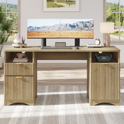 Bestier 60"W Fluted Executive Desk With Drawers/Cabinet, Natural