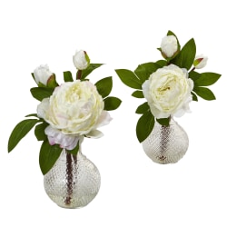 Nearly Natural Peony 11-1/2"H Artificial Floral Arrangements With Vase, 11-1/2"H x 9"W x 9"D, White, Set Of 2