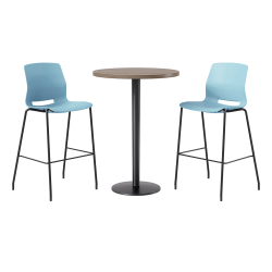 KFI Studios Proof Bistro Round Pedestal Table With Imme Barstools, 2 Barstools, 30", Studio Teak/Black/Sky Blue Stools