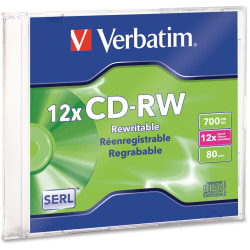 Verbatim CD-RW 700MB 4X-12X High Speed with Branded Surface - 1pk Slim Case