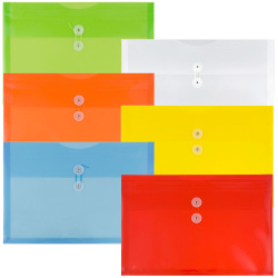 JAM Paper® Legal Plastic Booklet Envelopes, 9-3/4" x 14-1/2", Button & String Closure, Assorted Colors, Pack Of 6 Envelopes