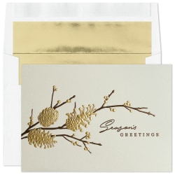 Custom Embellished Holiday Cards And Foil Envelopes, 7-7/8" x 5-5/8", Pine Cone Branch, Box Of 25 Cards