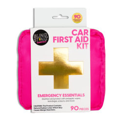 BLINGSTING Essentials Car First Aid Kit, 5"H x 5"W x 2"D, Pink, Set Of 90 Pieces
