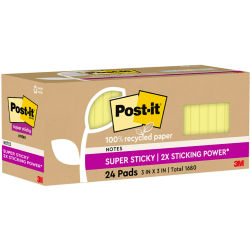 Post-it Super Sticky Recycled Notes, 3 in x 3 in, 24 Pads, 70 Sheets/Pad, 2x the Sticking Power, Canary Yellow, 100% Recycled