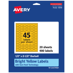 Avery® Printable Labels With Sure Feed® Technology, 94749-BYP20, Barbell, 1/2" x 2-1/2", Matte Bright Yellow, Pack of 900