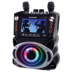 Karaoke USA GF946 DVD/CD+G/MP3+G Bluetooth 35W Karaoke System With 7" TFT Digital Color Screen, LED Lights, HDMI Output And 2 Microphones, 10-5/8"H x 13"W x 17-13/16"D, Black