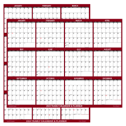 2024 SwiftGlimpse Wet/Dry-Erase Laminated Reversible Yearly Wall Calendar, 48" x 32", Maroon