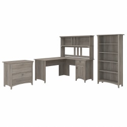 Bush® Furniture Salinas 60"W L Shaped Desk with Hutch, Lateral File Cabinet and 5 Shelf Bookcase, Driftwood Gray, Standard Delivery