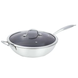 Brentwood® 4.2-Qt. 3-Ply Hybrid Non-Stick Stainless Steel Wok with Glass Lid, 12-In., Silver