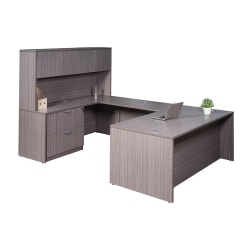 Boss Office Products 71" Executive U-Shaped Desk With 2 Drawer Lateral File And 4-Door Hutch, Driftwood