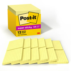 Post-it Super Sticky Notes, 4 in x 4 in, 12 Pads, 90 Sheets/Pad, 2x the Sticking Power, Canary Yellow, Lined