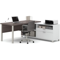 Bestar Pro-Linea 72"W L-Shaped Desk With Metal Legs, Bark Gray