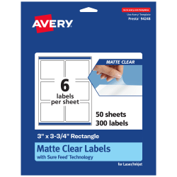 Avery® Permanent Labels With Sure Feed®, 94248-CMF50, Rectangle, 3" x 3-3/4", Matte Clear, Pack Of 300