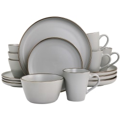 Elama Louis 16-Piece Stoneware Dinnerware Set, Matte Slate/Gold
