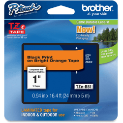 Brother P-touch TZe 1" Laminated Lettering Tape - 15/16" Width - Direct Thermal - Fluorescent Orange - 1 Each - Water Resistant - Self-adhesive, Abrasion Resistant, Chemical Resistant, Fade Resistant, Temperature Resistant, High Durable