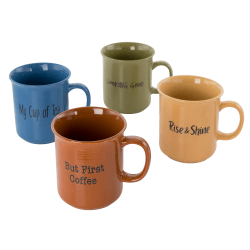 Gibson Home Thoughtful Morning 4-Piece Stoneware Cup Set, 26 Oz, Assorted Colors