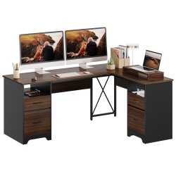 Bestier 63"W L-Shaped Corner Executive Desk With Monitor Stand & Open Storage, Cherry