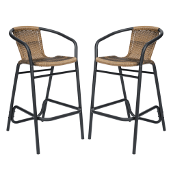 Flash Furniture Lila Set of 2 Commercial Grade Indoor-Outdoor PE Rattan Restaurant Barstools with Aluminum Frames and Footrests, Medium Brown