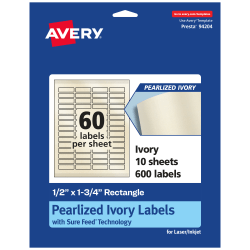Avery® Pearlized Permanent Labels With Sure Feed®, 94204-PIP10, Rectangle, 1/2" x 1-3/4", Ivory, Pack Of 600 Labels