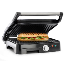 MegaChef Electric Panini Press Grill And Sandwich Maker With Tilt Top, 5"H x 14"W x 14"D, Silver/Black