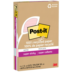 Post-it 100% Recycled Paper Lined Super Sticky Notes, 180 Total Notes, Pack Of 4 Pads, 4" x 6", Wanderlust Pastels, 45 Notes Per Pad