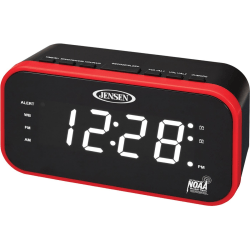 Jensen AM/FM/NOAA Weather Band Clock Radio With Weather Alert, 3-3/8"H x 2-7/16"W x 6-1/8"D, Red/Black