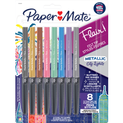 Paper Mate® Flair Metallic Porous Point Pens, Medium Point, 0.7 mm, Assorted Barrel Colors, Assorted Ink Colors, Pack Of 8 Pens