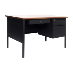Flash Furniture Cambridge Commercial Grade Single Pedestal 47.75"W x 30"D Desk with Locking Drawers and Metal Frame, Walnut