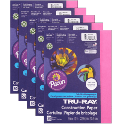 Tru-Ray® Construction Paper, 9" x 12", Dark Pink, 50 Sheets Per Pack, Set Of 5 Packs