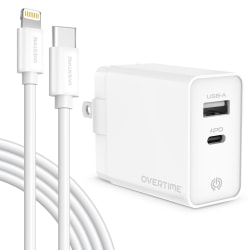 Overtime Dual-Port Wall Charger And 6' Apple MFi Lightning Cable, White