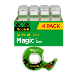 Scotch® Magic™ Tape with Dispenser, Invisible, 3/4 in. x 300 in., 4 Tape Rolls, Back to School Supplies and College Essentials for Students