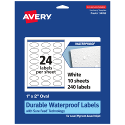 Avery® Waterproof Permanent Labels With Sure Feed®, 94053-WMF10, Oval, 1" x 2", White, Pack Of 240