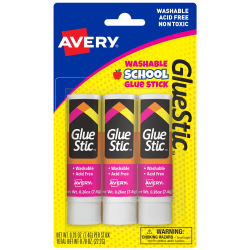 Avery® Permanent Glue Stic™,, Washable, Nontoxic, 0.26 oz., 3 Glue Sticks