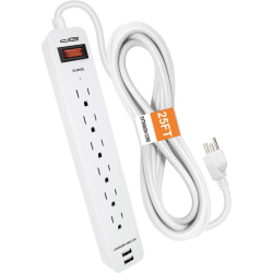 Digital Energy World 6-Outlet Surge Protector Power Strip with 2 USB Ports and 25-Foot Cord (White) - ENR11006