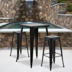 Flash Furniture Square Metal Bar Table Set With 2 Backless Stools, 40"H x 27-3/4"W x 27-3/4"D, Black