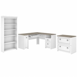 Bush Furniture Fairview 60"W L-Shaped Desk With Lateral File Cabinet And 5-Shelf Bookcase, Shiplap Gray/Pure White, Standard Delivery