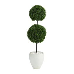 Nearly Natural Boxwood Double Ball Topiary 4’H Artificial Tree With Planter, 48"H x 10"W x 10"D, Green/White