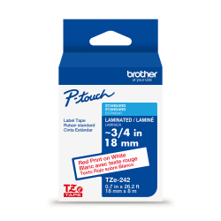 Brother P-touch TZe242, Laminated, 3/4" x 26.2 ft (18mm x 8m), Red on White Label Tape