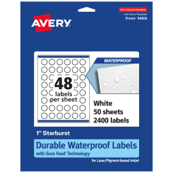 Avery® Waterproof Permanent Labels With Sure Feed®, 94606-WMF50, Starburst, 1", White, Pack Of 2,400