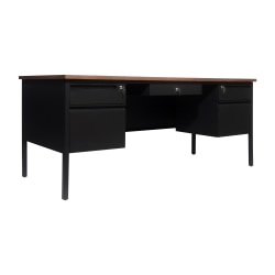Flash Furniture Cambridge Commercial Grade Double Pedestal 70"W x 30"D Desk with Locking Drawers and Metal Frame, Walnut
