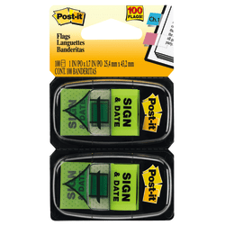 Post-it® Notes Sign & Date Printed Flags, 1" x 1-7/10", Green, 50 Flags Per Pad, Pack Of 2 Pads