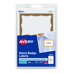 Avery® Name Tags, 05146, 2-1/3" x 3-3/8", White With Gold Border, 100 Removable Name Badges