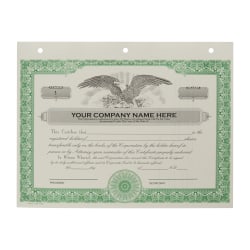 Custom Corporate Stock Certificates, 3-Hole Punched, Green, Pack Of 20 Certificates